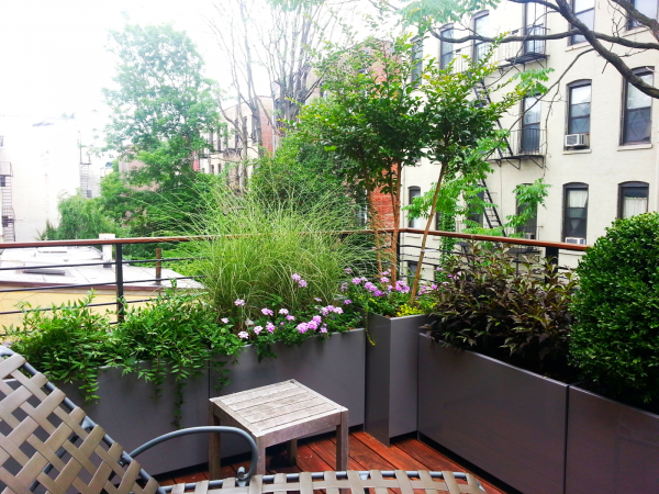 Master Bedroom deck with custom planters, lush plantings & shade trees Master Bedroom deck with custom planters, lush plantings & shade trees