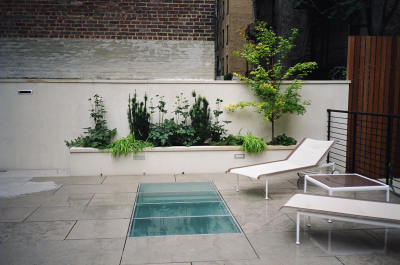Courtyard patio & Stucco planter with Japanese maple and perennial & shrub layer Courtyard patio & Stucco planter with Japanese maple and perennial & shrub layer