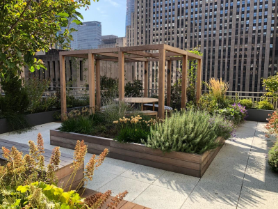 Central Roof garden with pergola and custom wood planters Central Roof garden